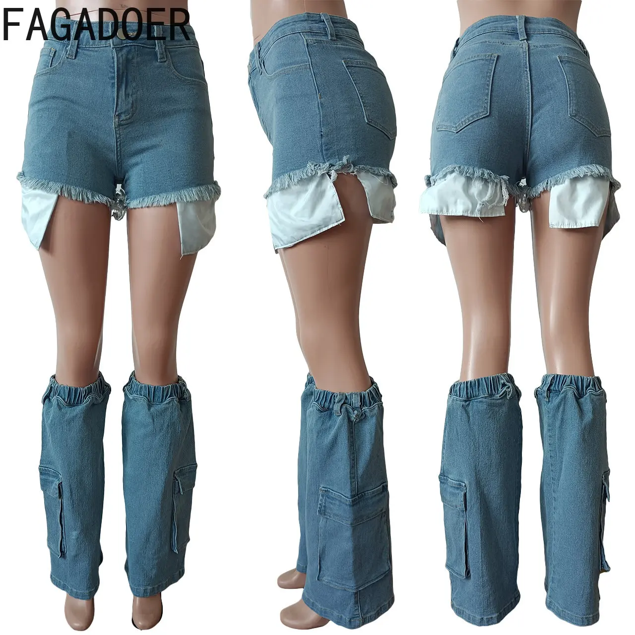FAGADOER Fashion Y2K Denim Shorts Legging Socks Two Piece Sets Women High Waisted Button Shorts Casual Female Patchwork Bottoms