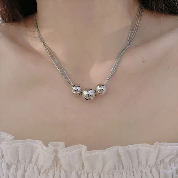 

2022 Silver Color Punk Metal Stainless Steel Ball Beads Pendant Necklace Choker