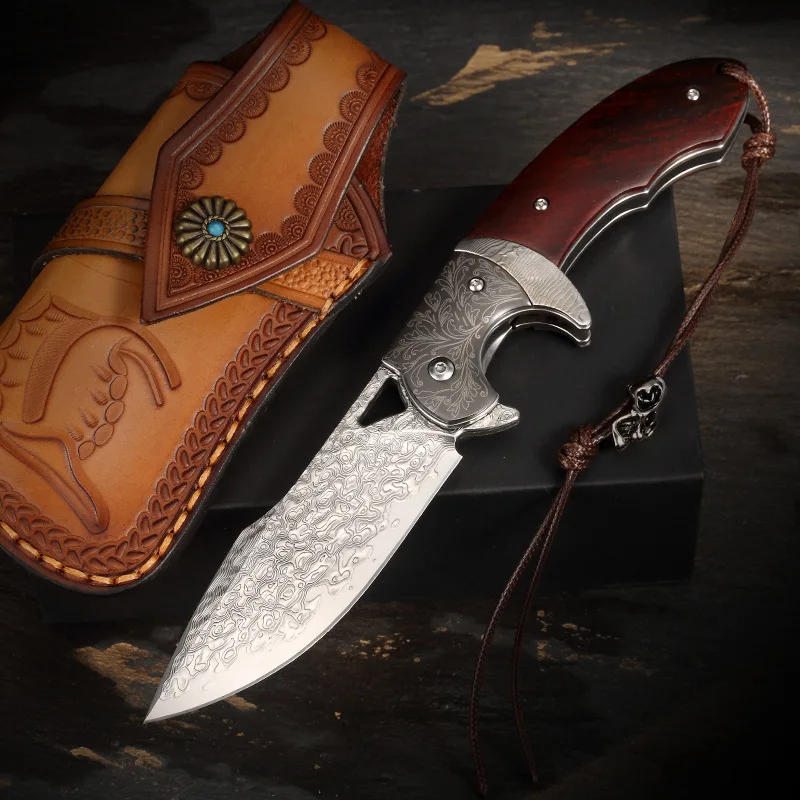 Luxury atmosphere hot sale Damascus folding knife outdoor self-defense portable multi-functional knife fruit carrying knife