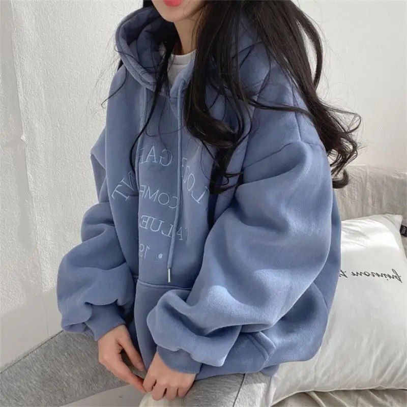 

New Plush Hooded Sweatshirt Woman 2023 Autumn and Winter Street Loose Embroidery Casual Hoodies Women Sweatshirts