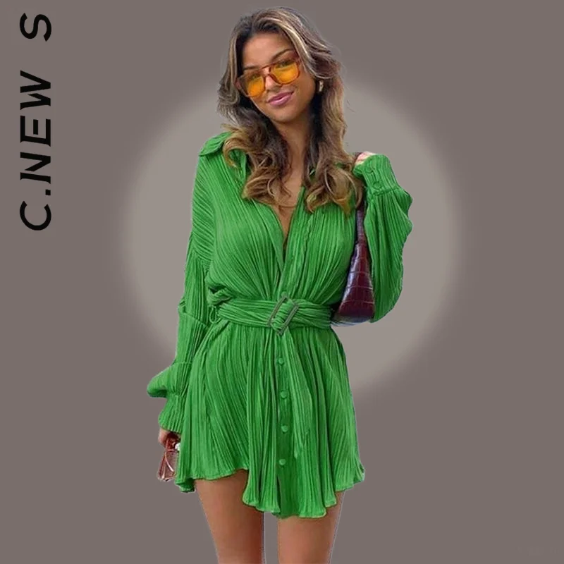 

C.New S New Dress Women Girl Women's Dress Sexy Green Pleated Women's Mini Dress Elastic Simple Dress Woman Vestidos Female