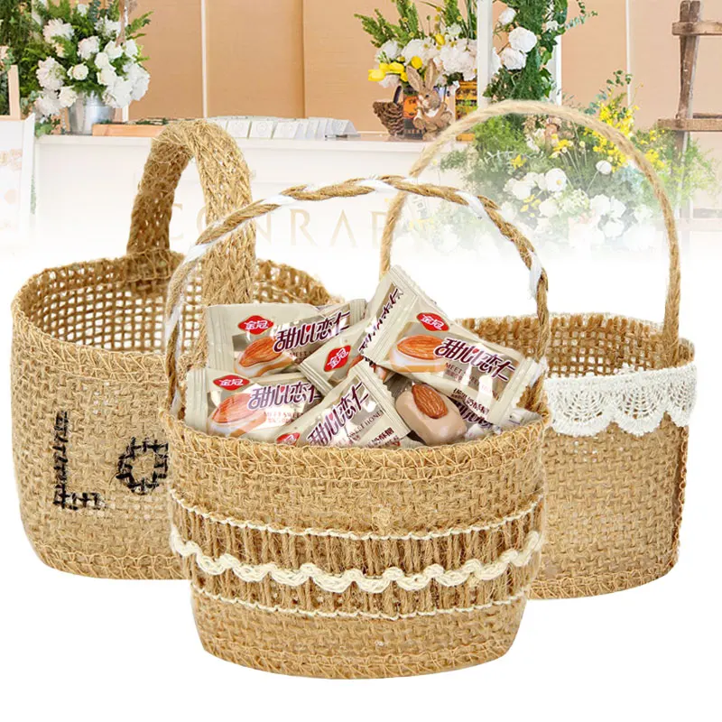 

Wedding Lace Burlap Flower Basket Linen Handle Vintage Rustic Wedding Ceremony Table Decoration Baby Shower Party Candy Gift Bag