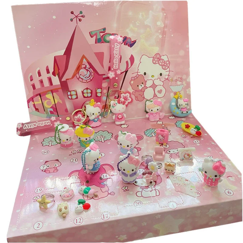 

24pcs Sanrio Christmas Random Anime Figures Hello Kitty Keychain Ring Barrette Advent Calendar Kawaii Gift Box Children Toy Girl