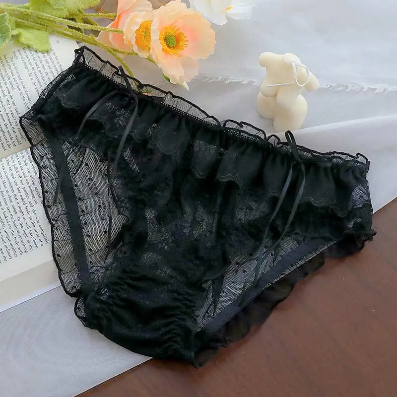 Sweet Lace Panties Girls Bow Ruffles Seamless Transparent Underwear Lolita Mid-waist Mesh Briefs Lingerie Sexy