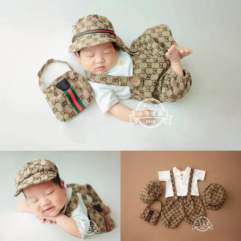 Dvotinst Newborn Photography Props Baby Boy Gentleman Outfits Hat Handbag Clothes Set Fotografia Studio Shoots Bebes Photo Props