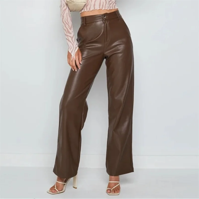 

PU Leather Women's Pants High Waist Streetwear Wide Leg Pants Female Solid Casual Straight Lady Trousers Fashion Pantalon 24302