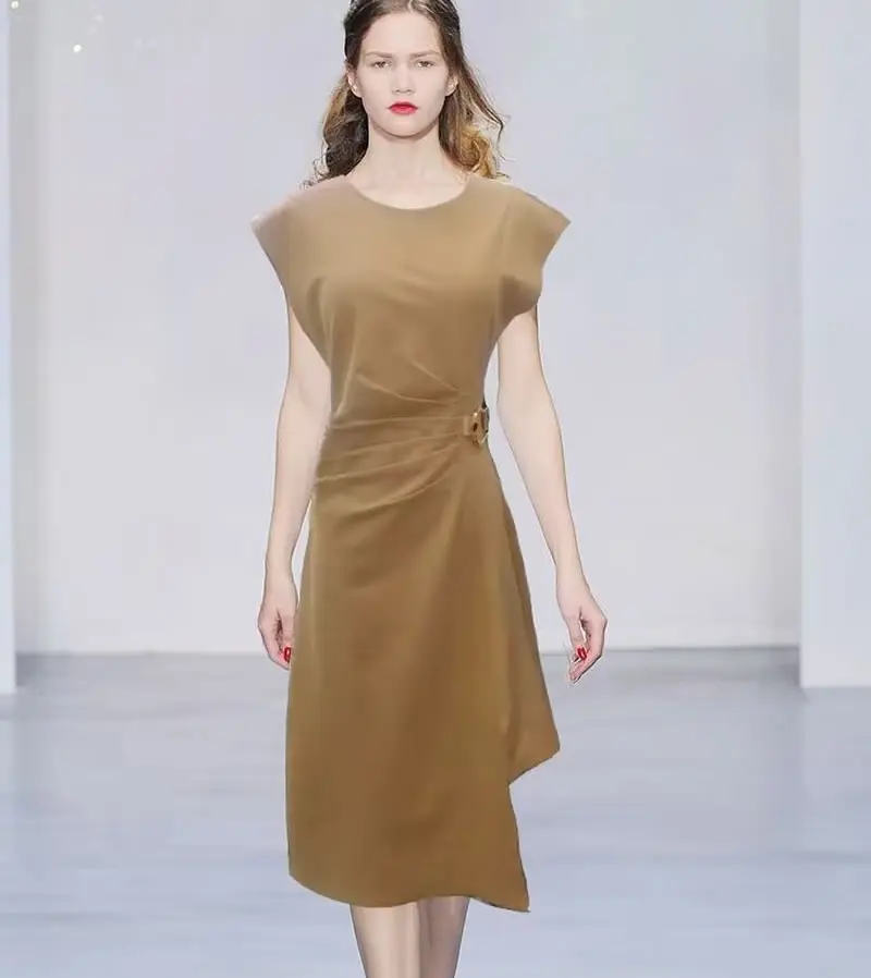 

New Solid Women Draped Dress Elegant O-Neck Asymmetrical Work Dresses