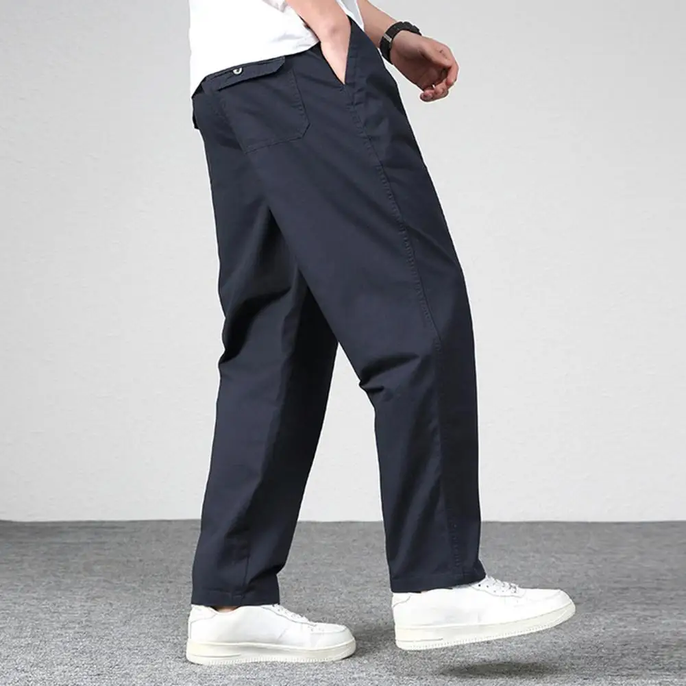

Men Pants Straight Loose Multi Pockets Solid Color Mid Waist Thin Casual Smooth Soft Breathable Men Summer Fall Trousers