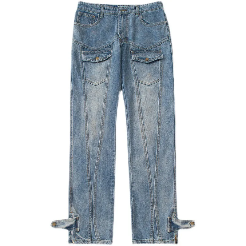 Mens Jeans High Street Zipper Hiphop Slim Retro Light Blue Denim Pants Men and Women Trend Full Length Trousers