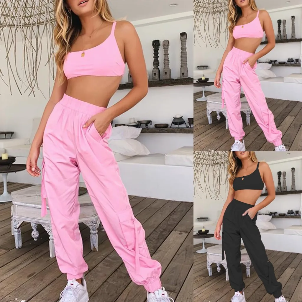 

Sports Women Solid Color Camisole Two-Piece High Waist Pants Casual Suit Womens Winter Pants Suit Pants Women Trendy Dressy