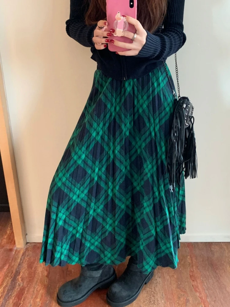 Осень-зима 2024 зеленая плиссированная юбка в складку Женская клетчатая