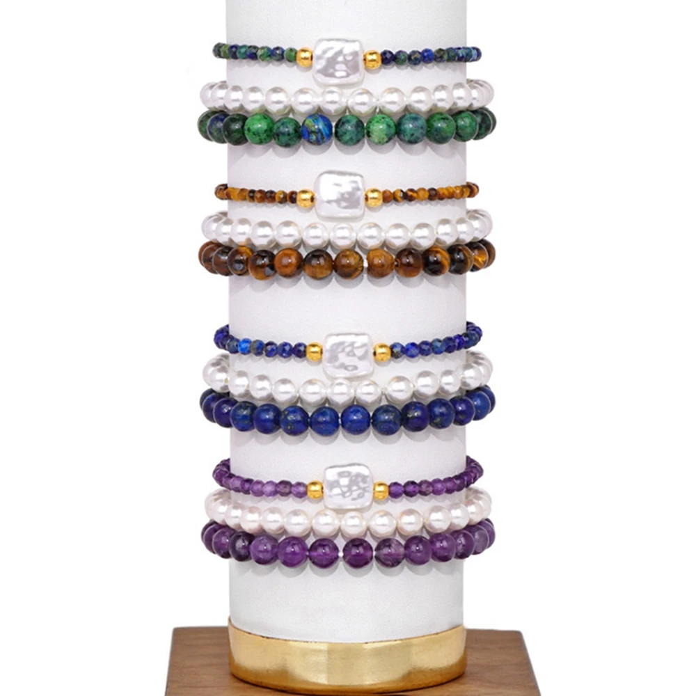 

3pcs/set Pearl Bracelet Set Natural Stone Quartzs Beads Bracelets For Women Men Tiger Eye Lapis Lazuli Amethysts Bangles Jewelry