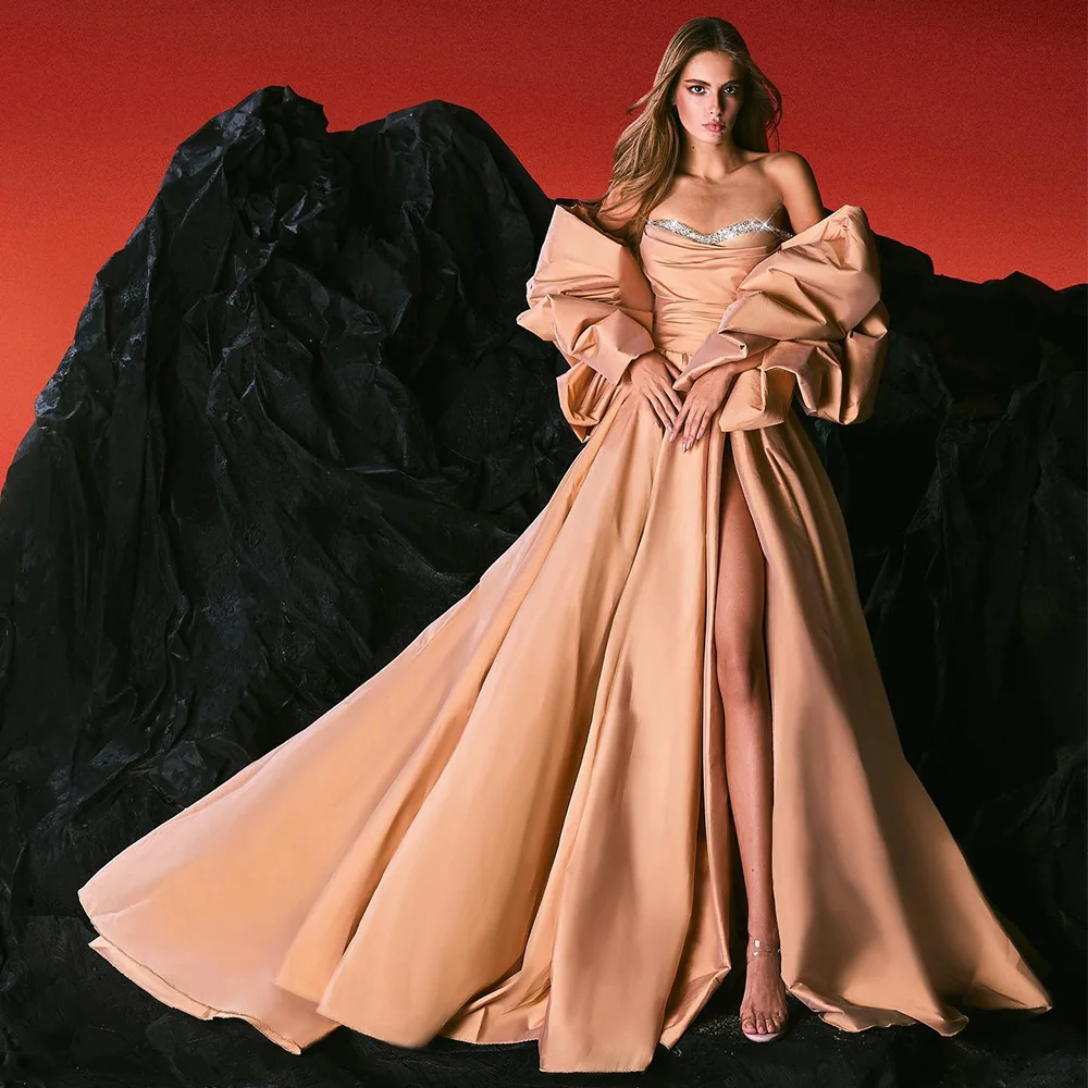

Luxury Prom Dresses Off the Shoulder A Line Champagne Evening Dress for Women Crystal Sweetheart High Slit Sexy Prom Powns Long
