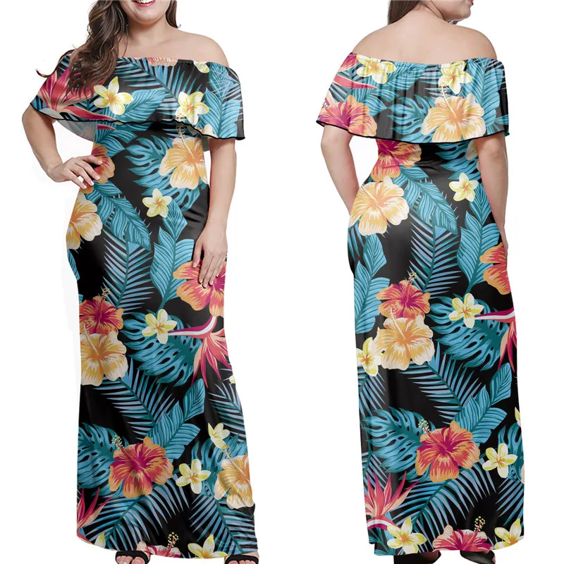 

WHEREISART Women's Hawaiian Floral Print Off Shoulder Maxi Dress Palm Tree Leaf With Hibiscus Pattern Spring Casual Clothing