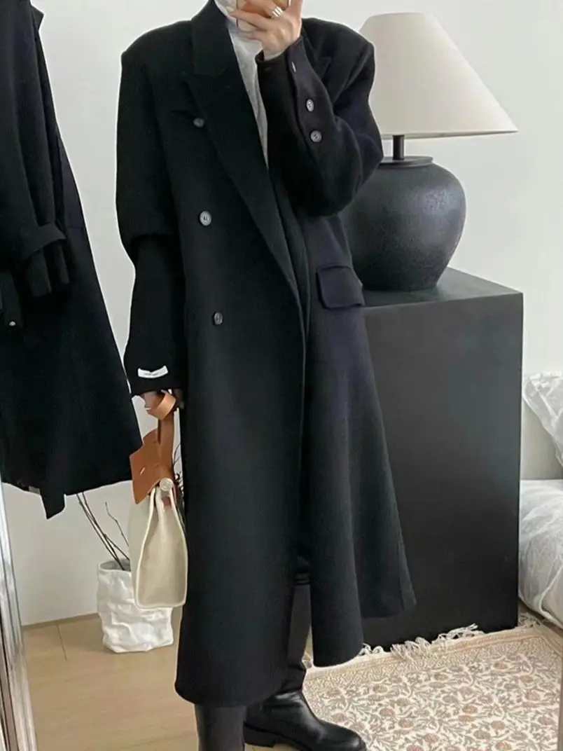 

HziriP Elegant Straight Winter Long Coats Women Woolen Chic Slim 2022 Normcore Office Lady Work Wear Solid Mujer Casual Trench