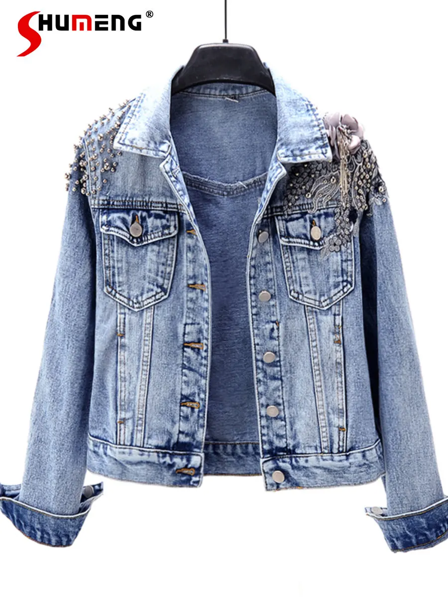 

2023 Spring Autumn New Korean Heavy Industry Beads Flower Long-Sleeve Denim Jacket Women Short Jean Jacket Outerwear Top Fashion