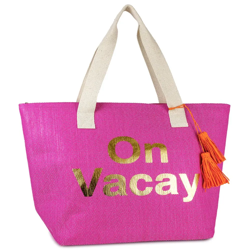 Women`s Paper Straw Insulated on Vacay Beach Tote Bag with Metallic Letters and Flat Handel