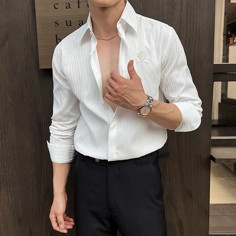 Роскошные мужские жаккардовые рубашки с длинным рукавом и вышивкой логотипа