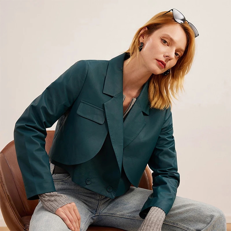 

Sheepskin Suit Coat Women's Spring Short Motorcycle Single-breasted lapel Slim Fit Hierarchical Stitching Genuine Leather Jacket
