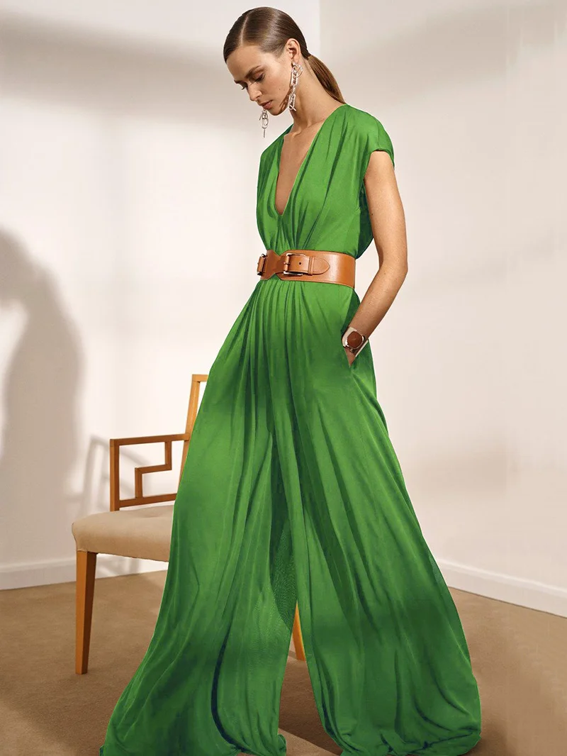 Lemongor 2023 Summer Urban Wide Leg Sexy V-Neck Jumpsuits With Belt Fashion Solid Color Causal Loose Jump Suits For Women
