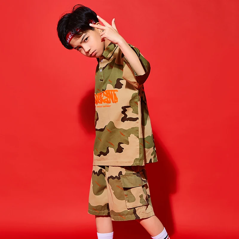 Костюм Джаз в стиле хип-хоп для девочек и мальчиков камуфляжный топ с коротким