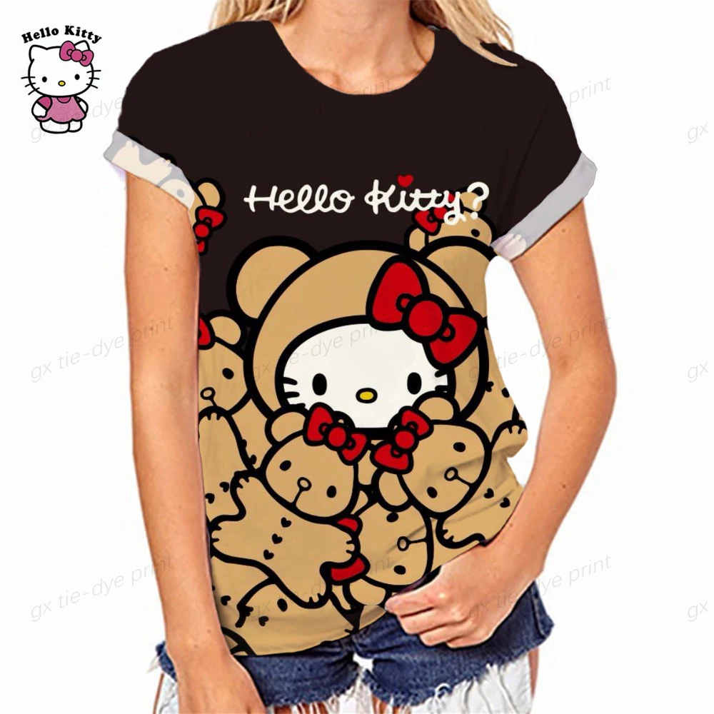 

Футболка женская с коротким рукавом, Свободный Топ с принтом Hello Kitty, милая и милая одежда в стиле Харадзюку, Y2k, на лето