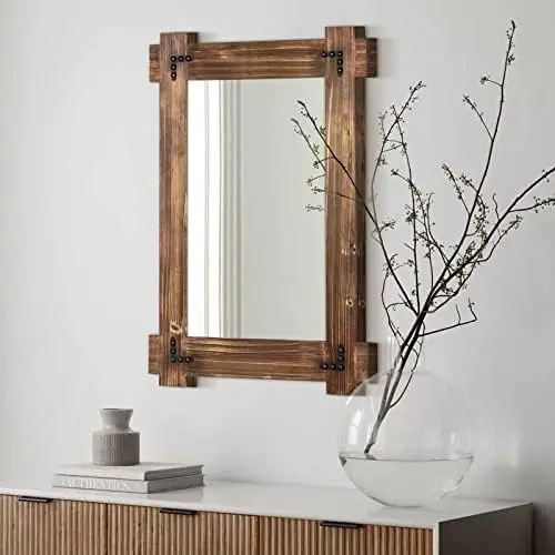 

Wood Mirror for Bathroom, Decorative Framed Farmhouse Natural Vanity Mirror, Mounted Rectangular Mirror for Bedroom Living Room