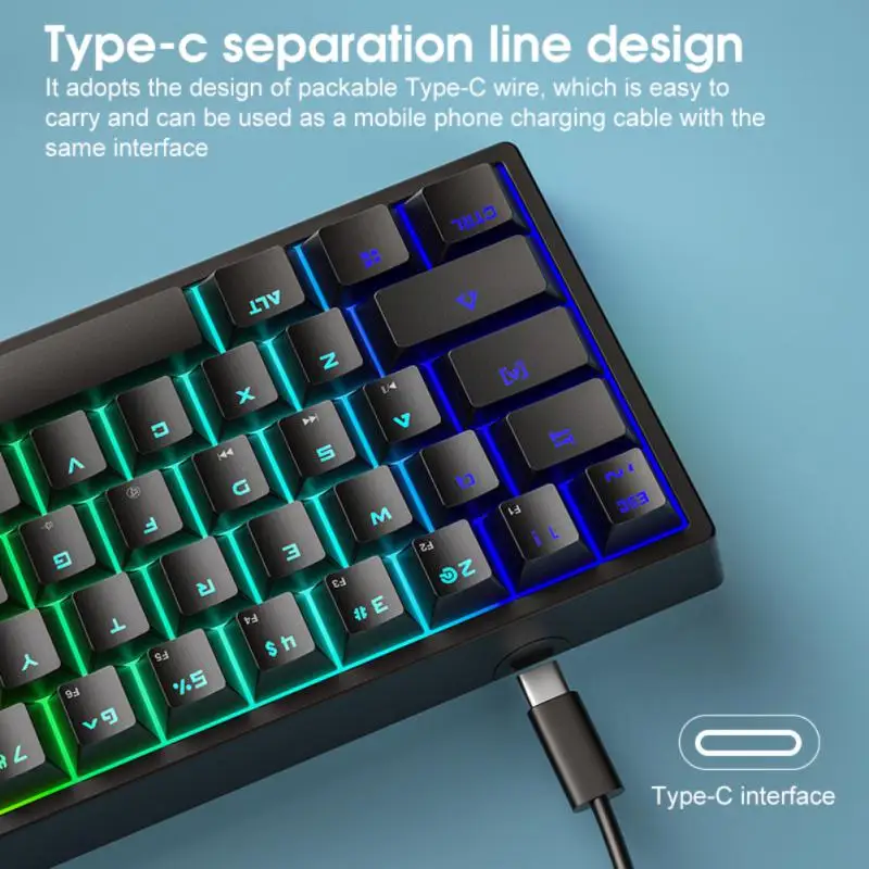 

Gaming Mechanical Keyboard Blue Red Switch USB RGB Wired Keyboard Type-C61 Key Esports Keycaps For Game Laptop PC Universal
