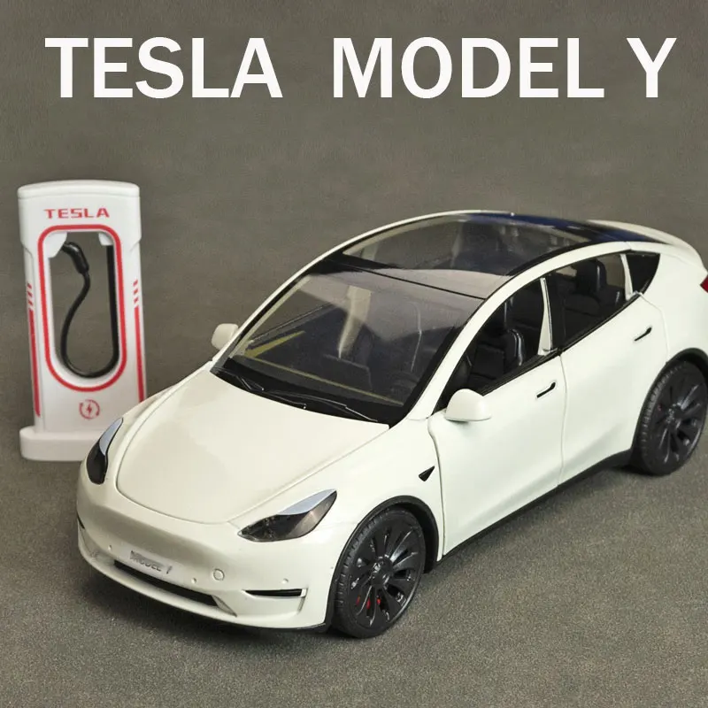 

1:24 Tesla Model Y Model 3 Charging Pile Alloy Die Cast Toy Car Model Sound and Light Children's Toy Collectibles Birthday gift