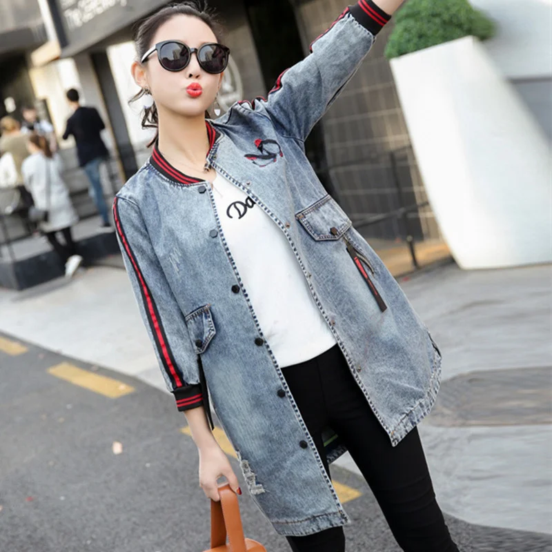 

Embroidery Autumn Coat Spring Long Ripped Denim Plus Size 3XL Jeans Jacket Women Tops