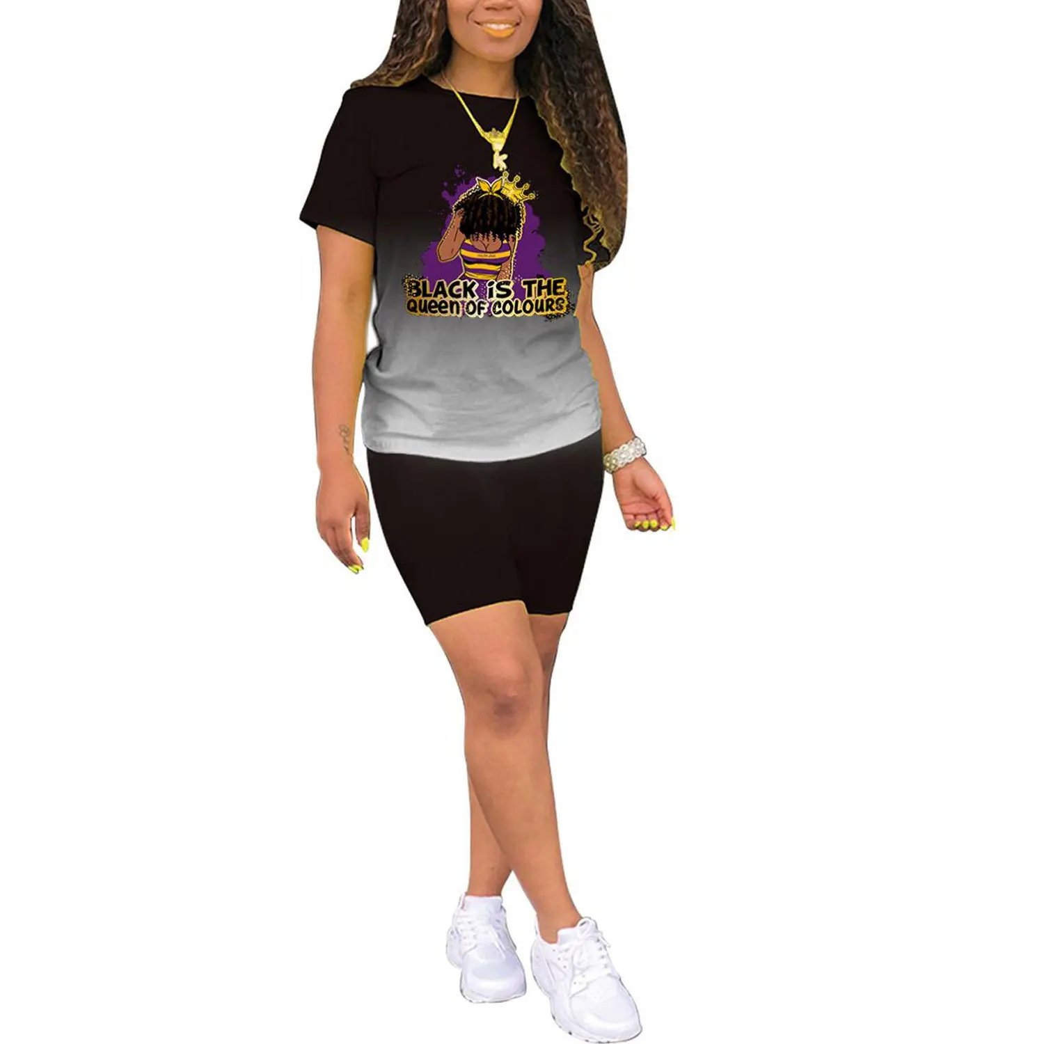 

Two Pieces Sets Women Tracksuits Gradient Print Short Sleeve Tops + Jogger Shorts Leggings Suit Sporty Fitness Outfit