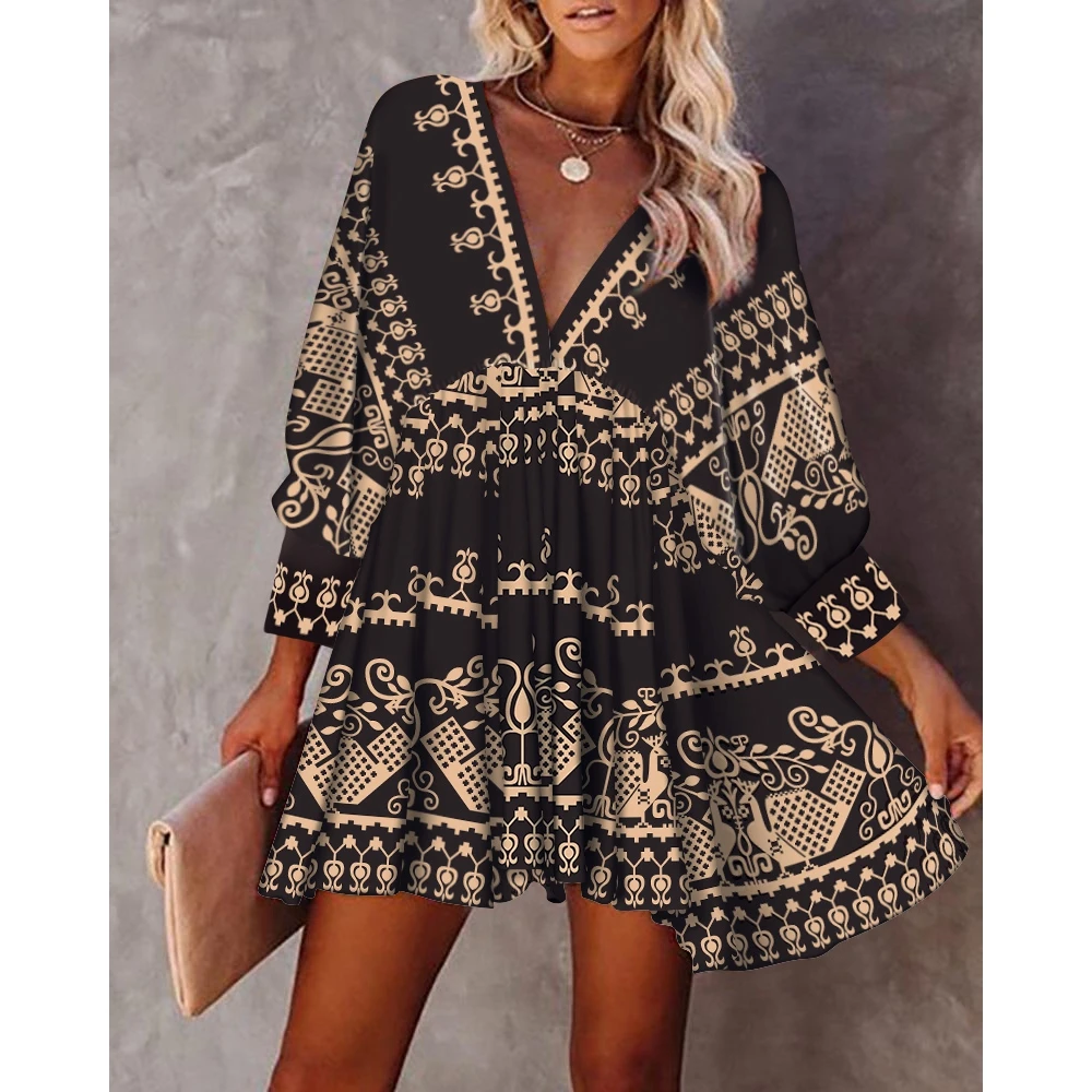 

2022 Autumn All Over Print V-Neck Fold Pleated Mini Dress Femme Long Sleeve Lace Up Back Robe Office Lady Casual Outfits traf