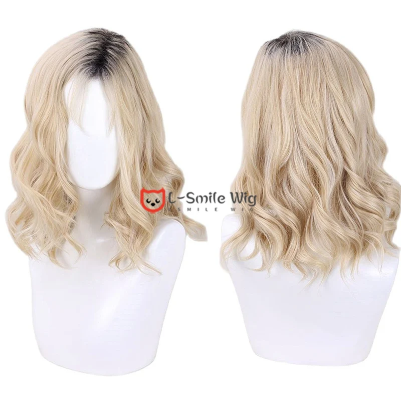 

Bride of Chucky Women Blonde Curly And Black Middle Parting Role Play Jennifer Tilly Heat Resistant Cosplay Hair Wig + Wig Cap