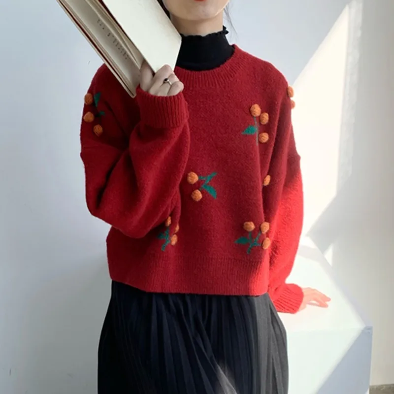 

Kawaii Christmas 3D Plush Ball Cute Cherry Sweater Women's Pullover Casual Loose Knitted Jumpers Short Harajuku Female Sweater