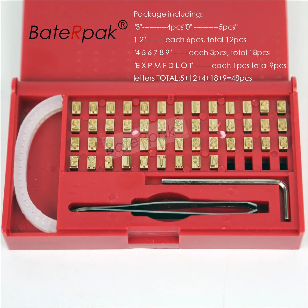 

BateRpak 18PT-R 3,5x5,5x6,8 мм комплект латунных букв для кодирования HUALIAN FRMQ-900III/FRM-980/FRBM-810, непрерывный ленточный уплотнитель с твердыми чернилами