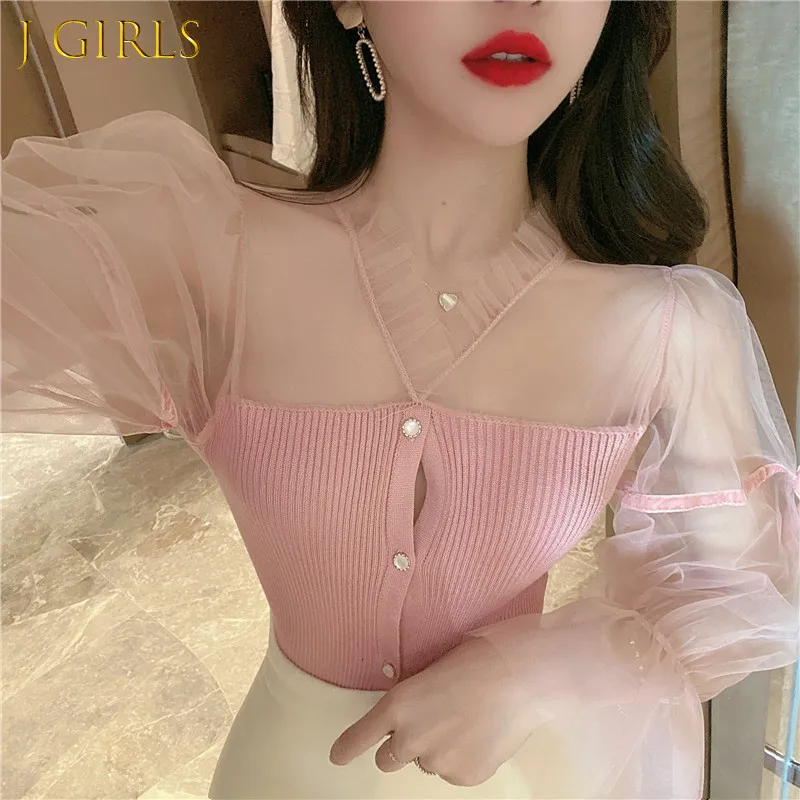 

J GIRLS Sweet Sexy Retro Korean Slim V Pink Flare Sleeve Shirts Women Camisas Black Mesh Knitted Top Blusas Mujer Fashion Blouse