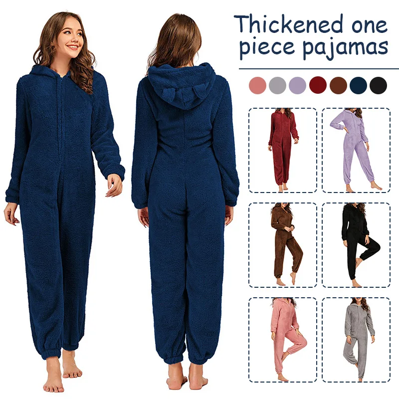 Women Winter Flannel Pajamas Nightgown Adult Sleepwear Long Sleeves Thick Plush Jumpsuit Lady Hooded Homewear Robes Romper