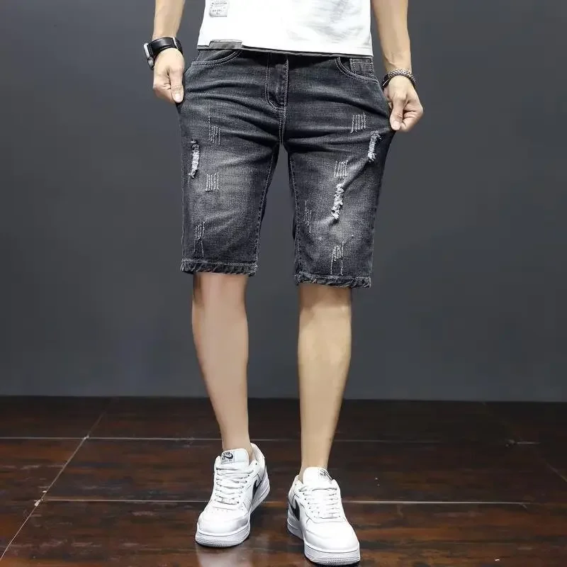 Summer Thin Elastic Plus Sized Men's Denim Shorts Casual Riding Breeches Slimming Effect Straight Leg Youth Mid Waist