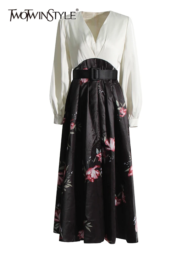 

TWOTWINSTYLE Colorblock Patchwork Belt Elegant Dresses For Women V Neck Lantern Sleeve High Waist Temperament Dress Female New