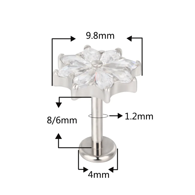 G23 Titanium EAR PIERC 8 Kite CZ Surround CZ Paved Top Threaded Labret Tragus Pircing Earrings Lip Tongue Studs Body Jewelry