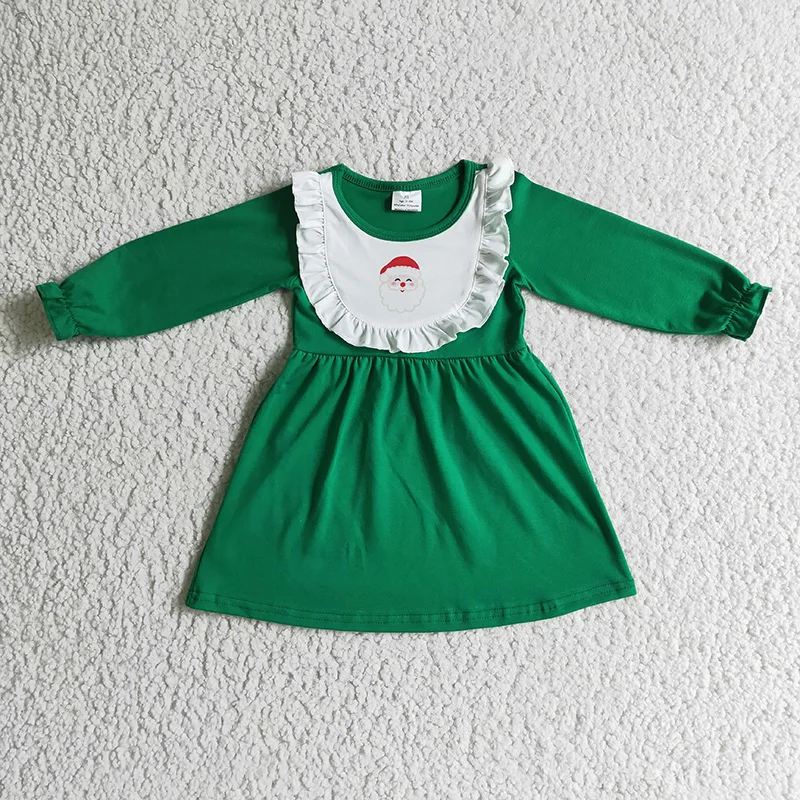 Wholesale Baby Girl Christmas Santa Green Ruffle Twirl Dress Kids Children Cotton Long Sleeve Toddler Holiday Winter New Clothes