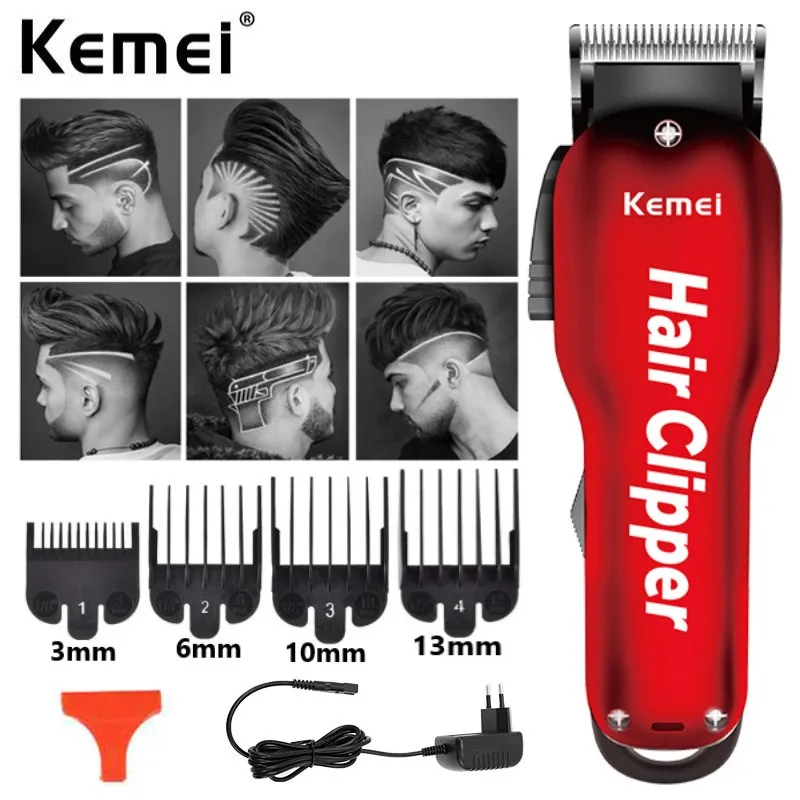

Kemei Barber Professional Hair Clipper Fade Electric Hair Cutting Machine Cordless Magic Beard Hair Trimmer Powerful Tool Red