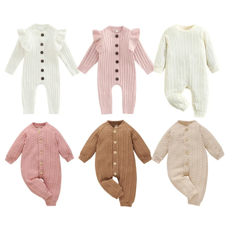 

New Born Baby Girl Boy Romper Knitted Fall Winter Clothes Long Sleeve Jumpsuit Fashion Solid Color Round Neck Button Long Romper