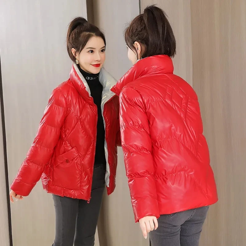 Women's Winter Glossy Parkas 2022 New Solid Elegant Loose Coat Warm Down Casual Cotton Padded Jacket Fashion Streetwear Outwear