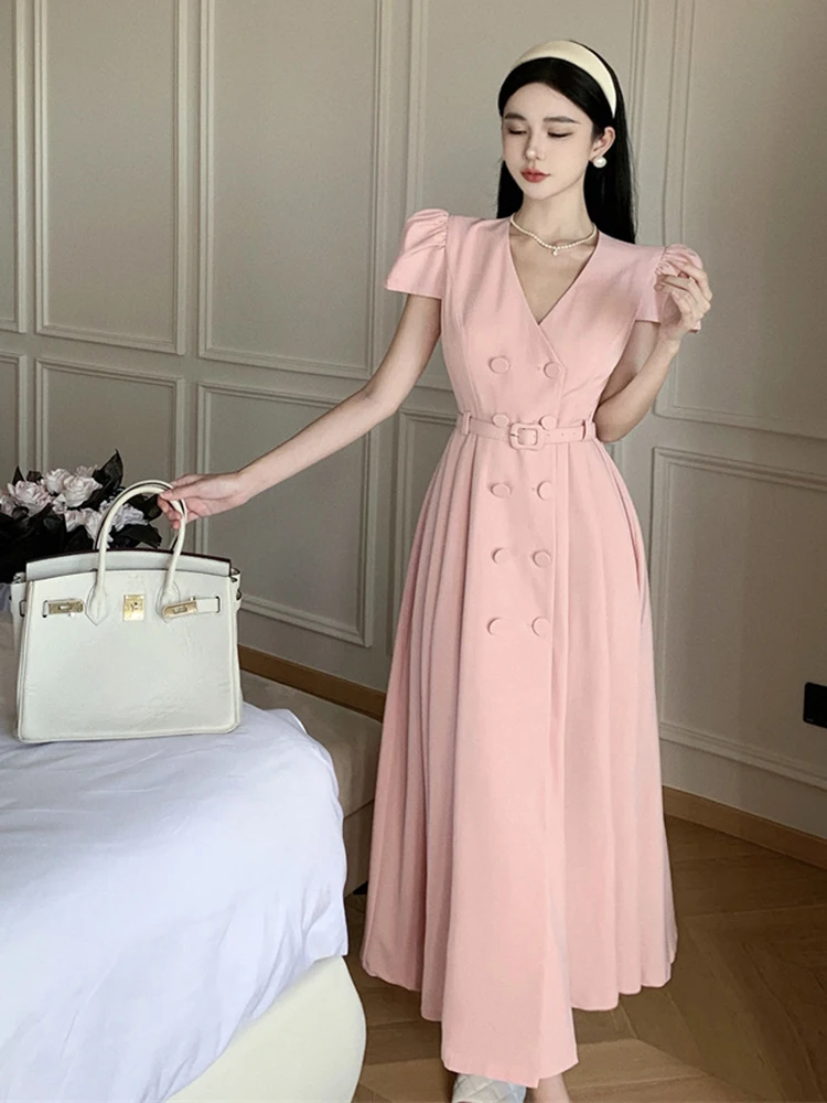 

Женское элегантное офисное платье, летнее однотонное двубортное Плиссированное Платье с V-образным вырезом, пышными рукавами и поясом