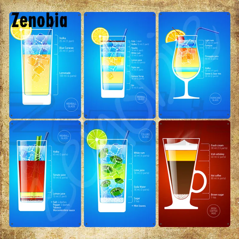 

Cocktails Glass Metal Signs Tin Signs Decorative Fruit Alcoholic Beverages Vintage Plaque Metal Plate for Bar Pub Club Decor