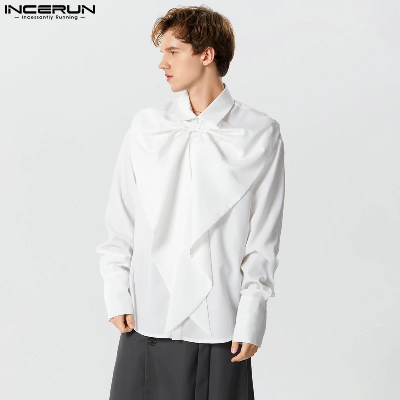 

Рубашка INCERUN мужская с отложным воротником, повседневная однотонная модная уличная одежда с длинным рукавом и бантом, Свободная блуза, осень 2023
