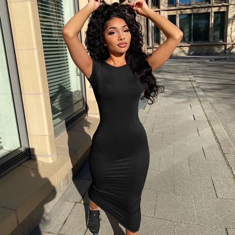 

European And American-Style Cross-Border Women's Clothing2021Summer New Fashion round Neck Short Sleeve Sheath Slim Dress for Wo