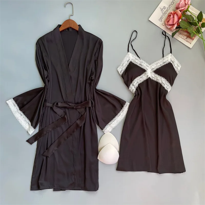 

Lingerie Bathrobe Gown Black Stain Robe Nightgown Summer Lace Night Dress Sleepwear Nightie Homewear