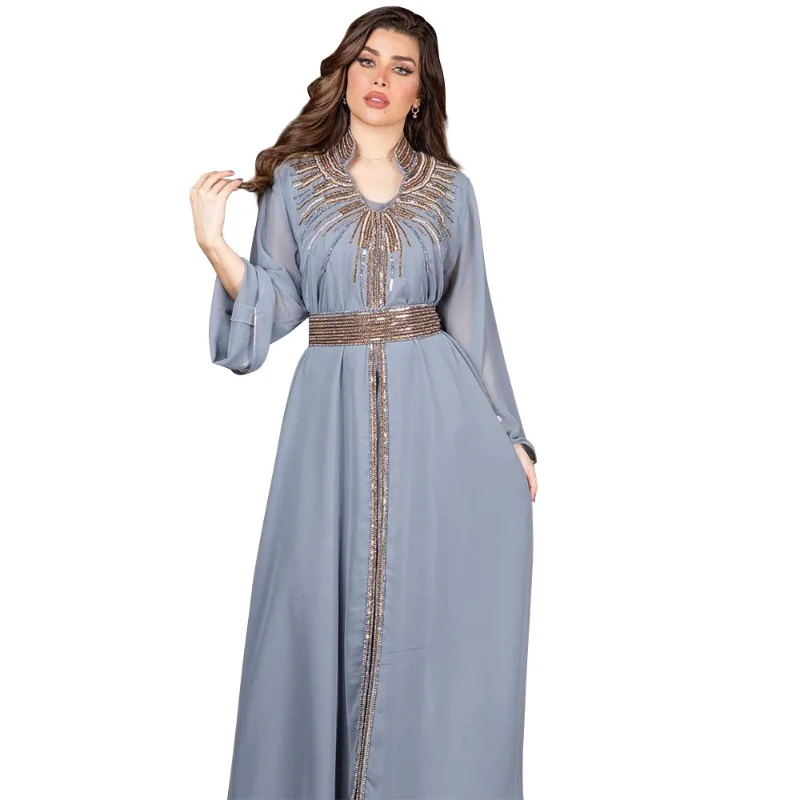 2023 Spring Summer Muslim Women Long Sleeve V-neck Polyester Yellow Pink Orange Blue Purple Long Abaya Muslim Fashion Dresses